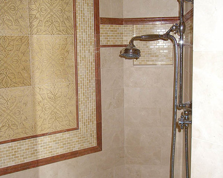 Interesting painted tiles in shower